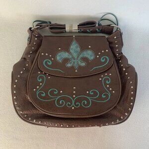 Wrangler Western Studded Fleur De Lis Faux Leather Brown Large Purse New